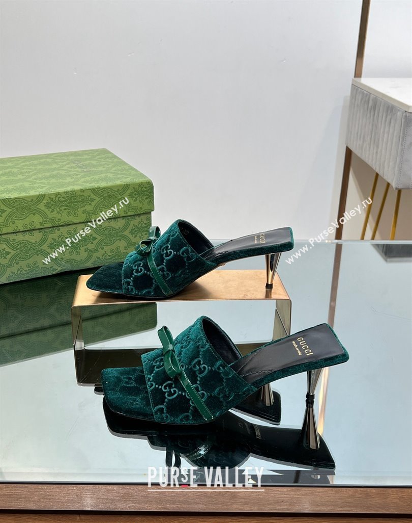 Gucci GG Velvet Heel Slide Sandals 5.5/7cm with Bow Green 2024 (MD-240427032)