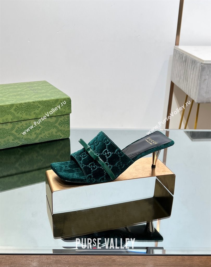 Gucci GG Velvet Heel Slide Sandals 5.5/7cm with Bow Green 2024 (MD-240427032)