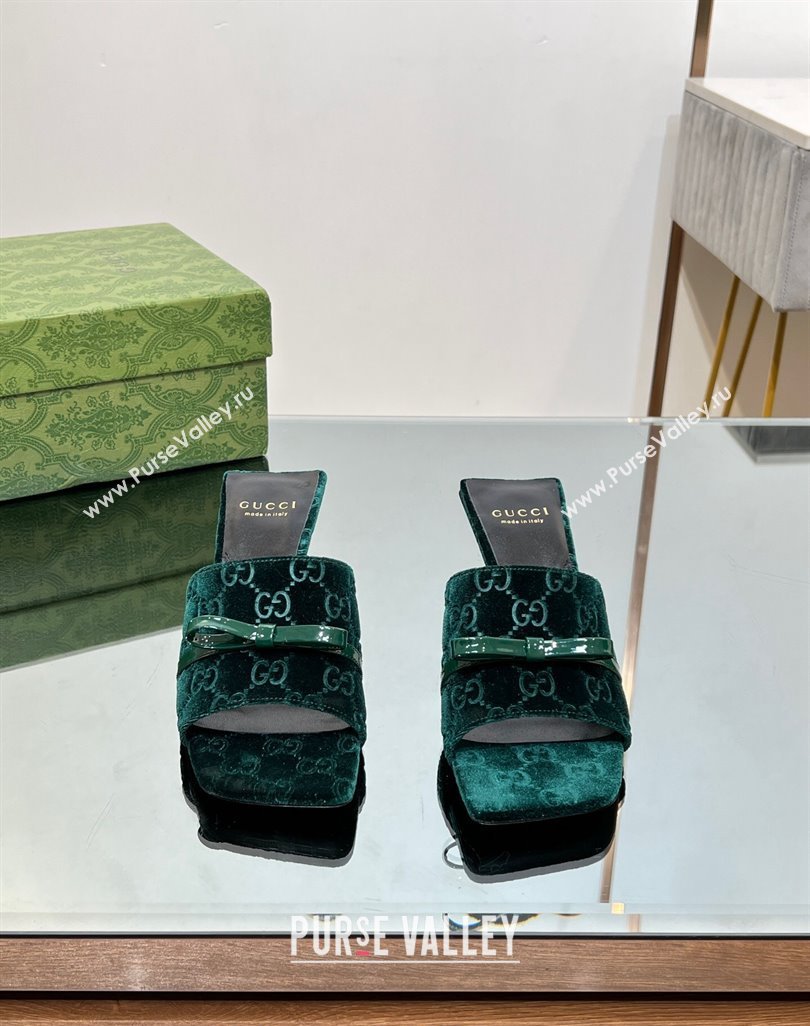 Gucci GG Velvet Heel Slide Sandals 5.5/7cm with Bow Green 2024 (MD-240427032)