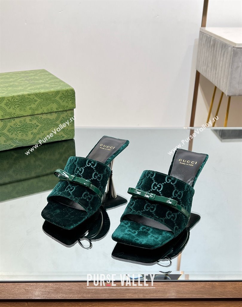 Gucci GG Velvet Heel Slide Sandals 5.5/7cm with Bow Green 2024 (MD-240427032)