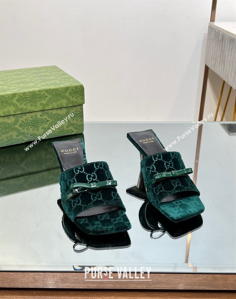 Gucci GG Velvet Heel Slide Sandals 5.5/7cm with Bow Green 2024 (MD-240427032)