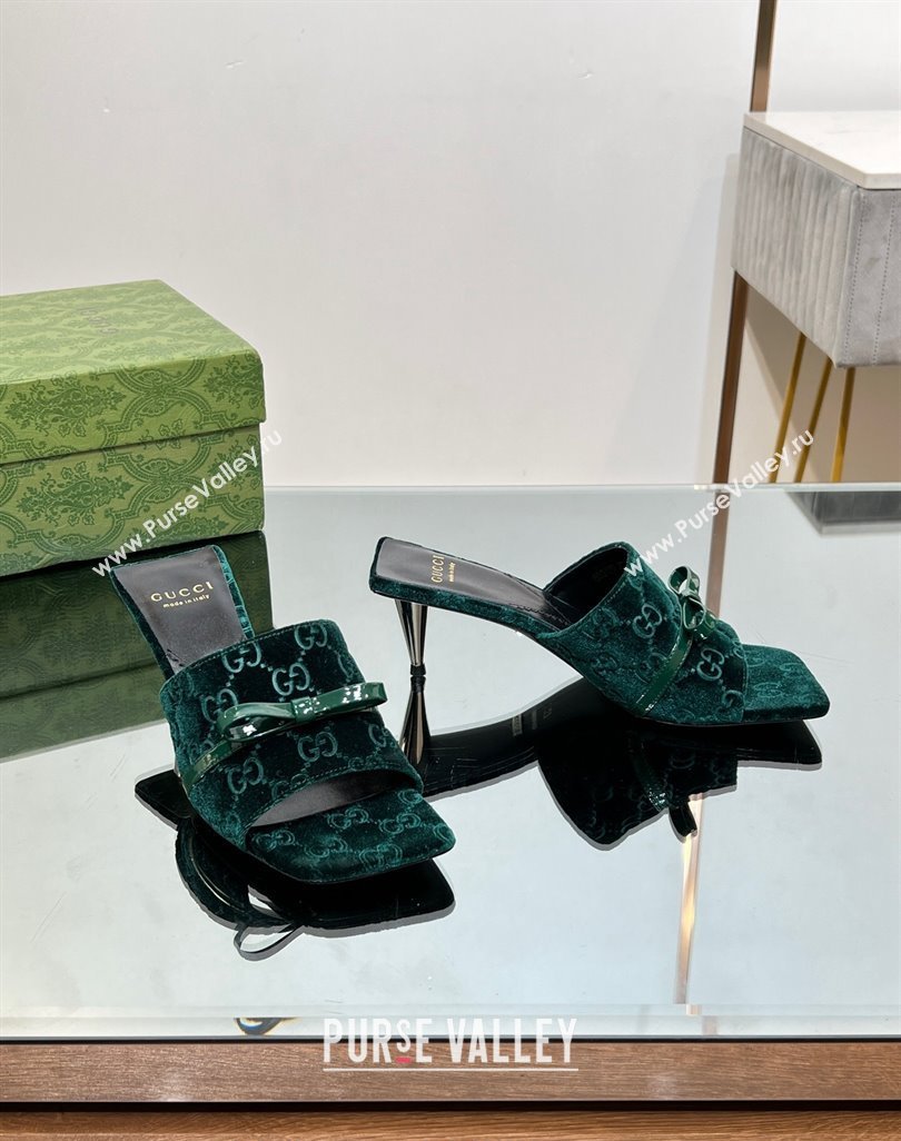 Gucci GG Velvet Heel Slide Sandals 5.5/7cm with Bow Green 2024 (MD-240427032)