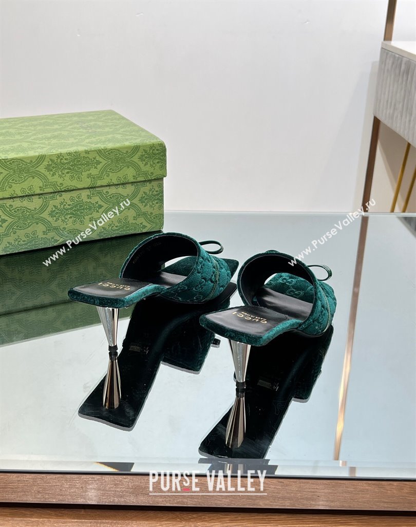 Gucci GG Velvet Heel Slide Sandals 5.5/7cm with Bow Green 2024 (MD-240427032)