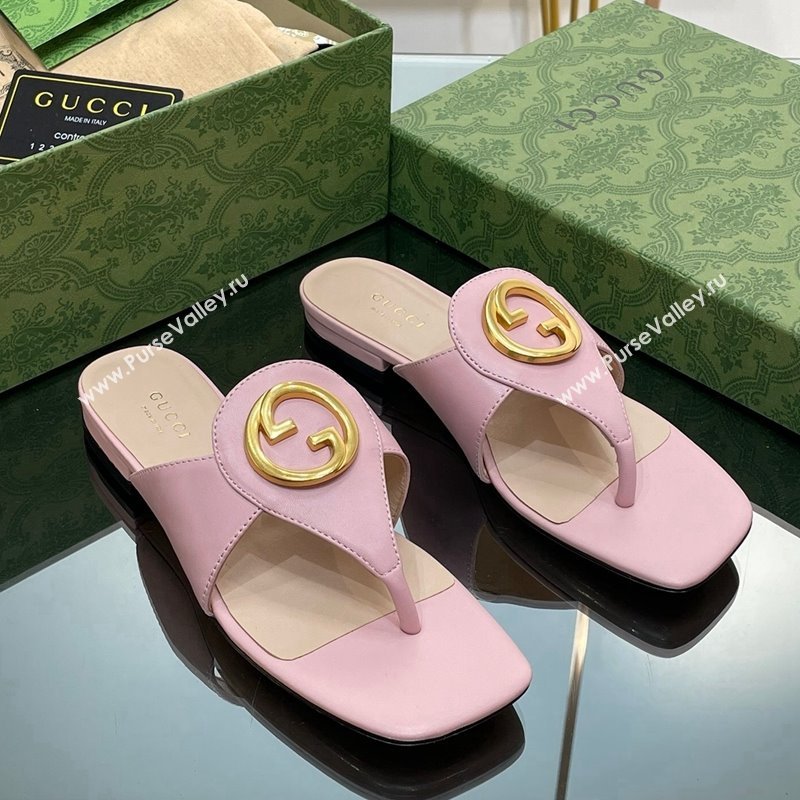 Gucci Blondie Flat Slide Thong Sandals in Leather with Interlocking G Light Pink 2024 (MD-240427033)