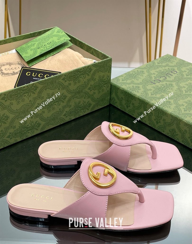 Gucci Blondie Flat Slide Thong Sandals in Leather with Interlocking G Light Pink 2024 (MD-240427033)