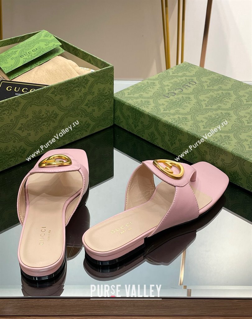 Gucci Blondie Flat Slide Thong Sandals in Leather with Interlocking G Light Pink 2024 (MD-240427033)