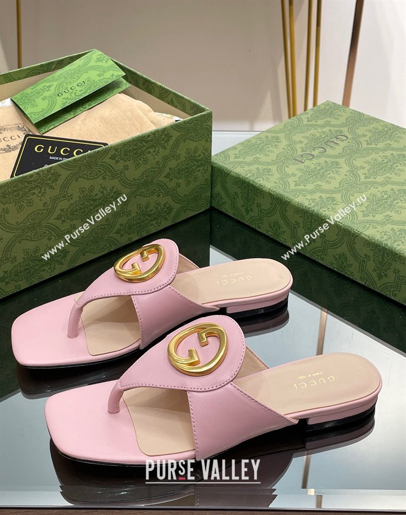 Gucci Blondie Flat Slide Thong Sandals in Leather with Interlocking G Light Pink 2024 (MD-240427033)