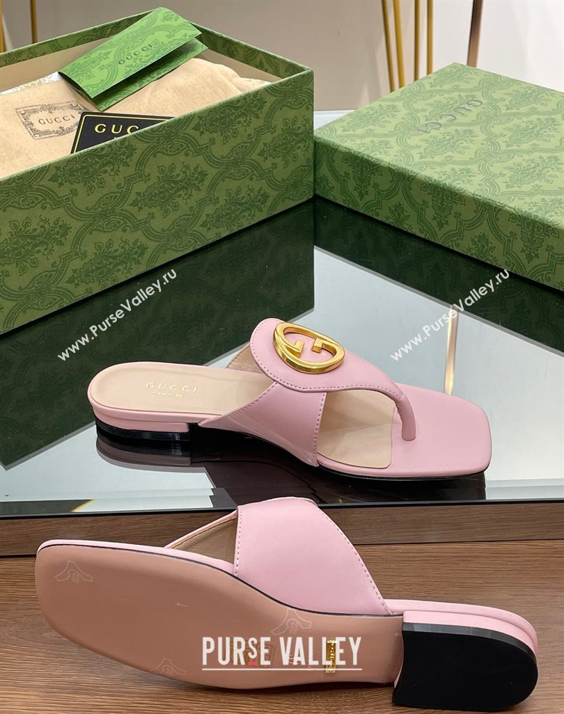 Gucci Blondie Flat Slide Thong Sandals in Leather with Interlocking G Light Pink 2024 (MD-240427033)