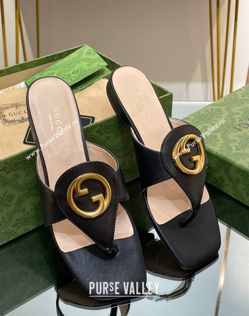 Gucci Blondie Flat Slide Thong Sandals in Leather with Interlocking G Black 2024 (MD-240427034)