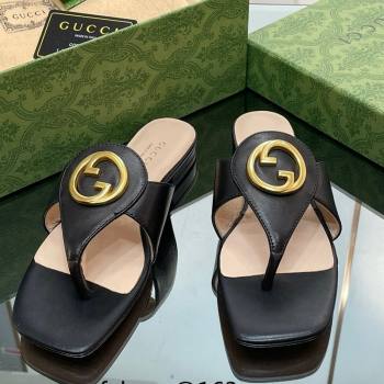 Gucci Blondie Flat Slide Thong Sandals in Leather with Interlocking G Black 2024 (MD-240427034)