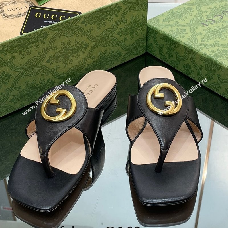 Gucci Blondie Flat Slide Thong Sandals in Leather with Interlocking G Black 2024 (MD-240427034)