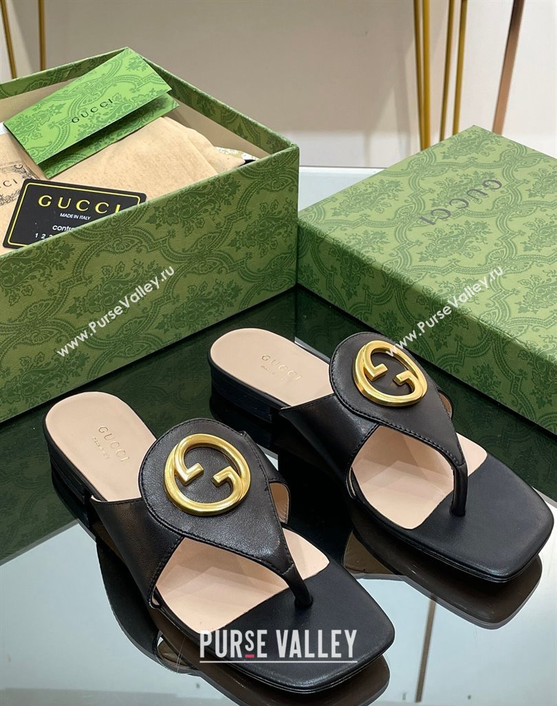 Gucci Blondie Flat Slide Thong Sandals in Leather with Interlocking G Black 2024 (MD-240427034)