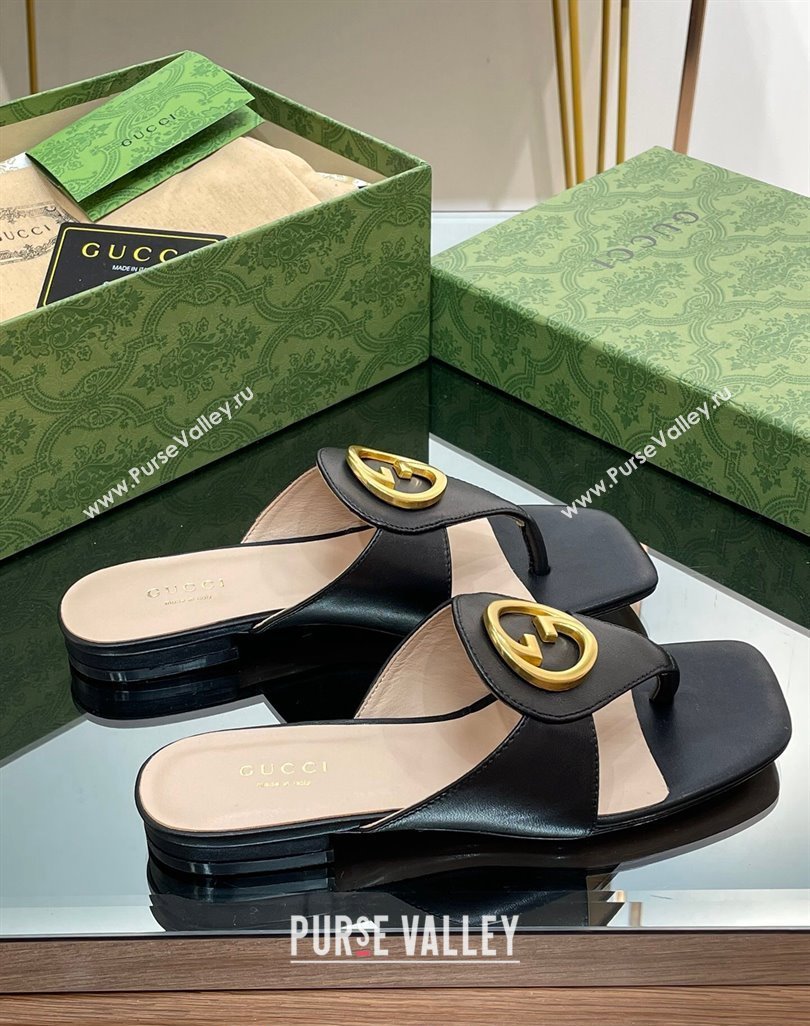 Gucci Blondie Flat Slide Thong Sandals in Leather with Interlocking G Black 2024 (MD-240427034)
