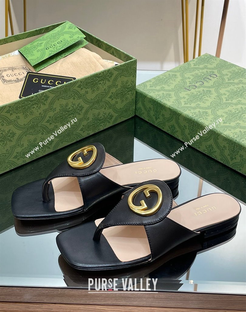 Gucci Blondie Flat Slide Thong Sandals in Leather with Interlocking G Black 2024 (MD-240427034)
