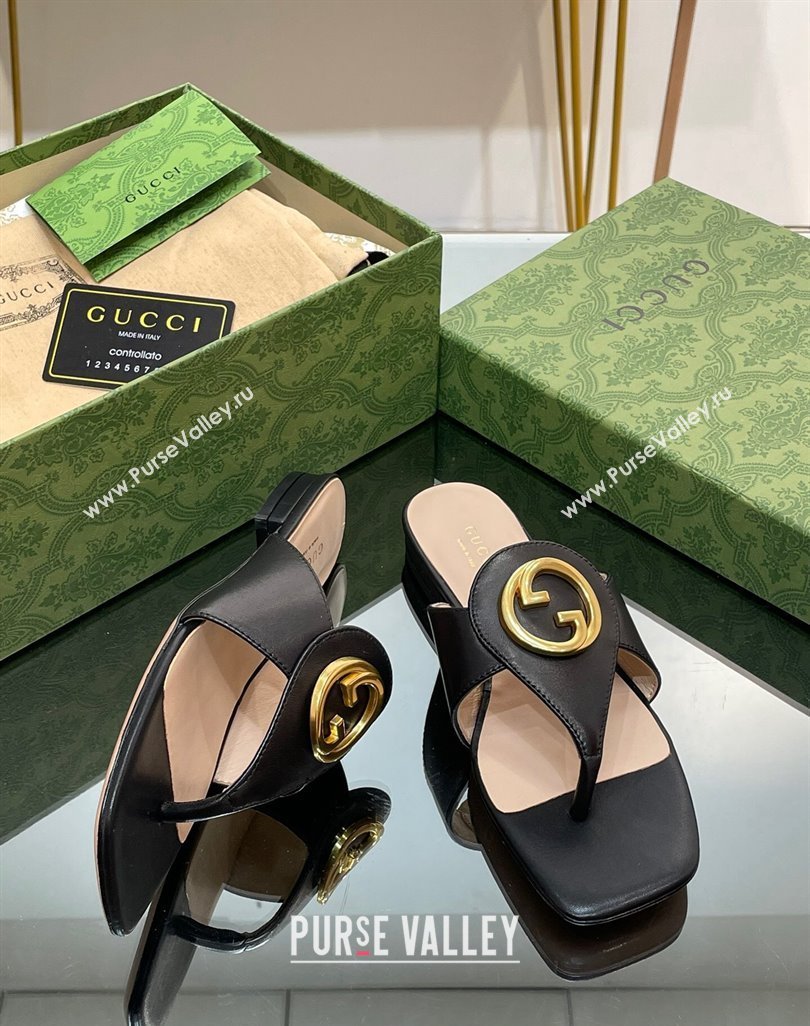 Gucci Blondie Flat Slide Thong Sandals in Leather with Interlocking G Black 2024 (MD-240427034)