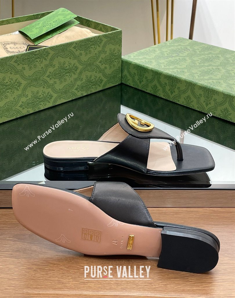 Gucci Blondie Flat Slide Thong Sandals in Leather with Interlocking G Black 2024 (MD-240427034)