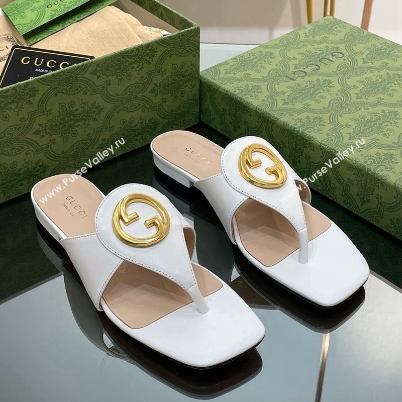 Gucci Blondie Flat Slide Thong Sandals in Leather with Interlocking G White 2024 (MD-240427035)