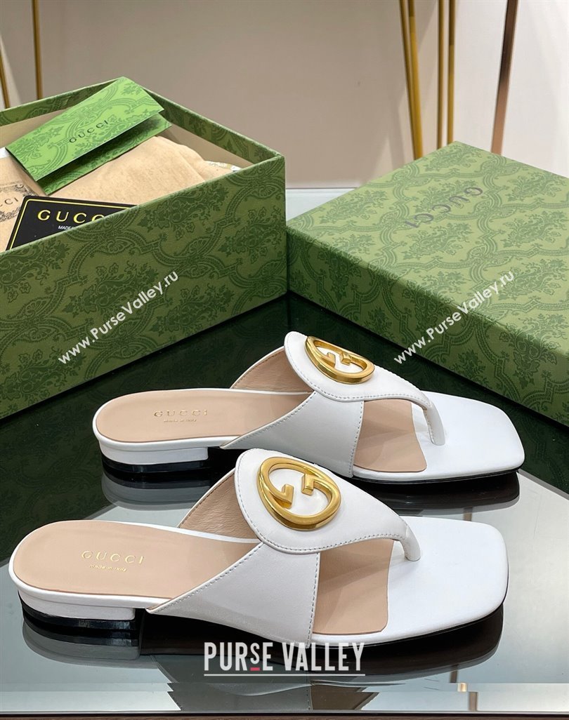 Gucci Blondie Flat Slide Thong Sandals in Leather with Interlocking G White 2024 (MD-240427035)