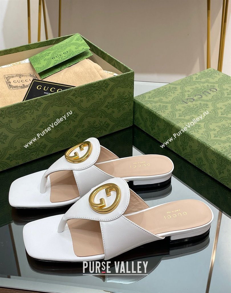 Gucci Blondie Flat Slide Thong Sandals in Leather with Interlocking G White 2024 (MD-240427035)