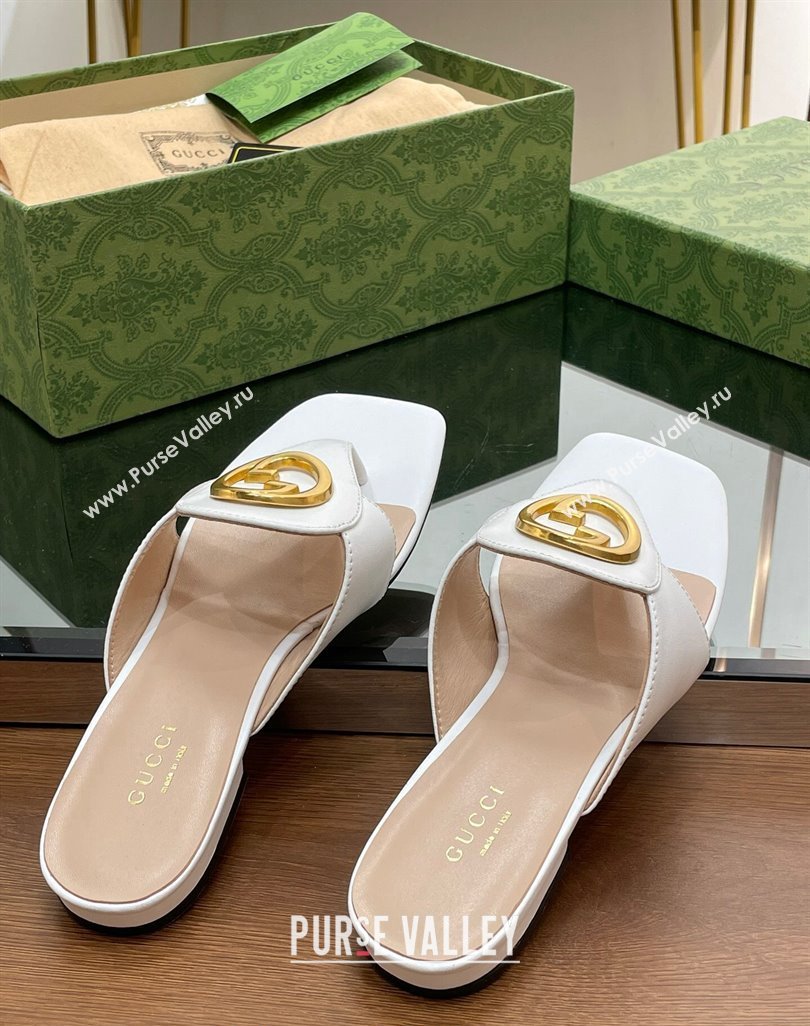 Gucci Blondie Flat Slide Thong Sandals in Leather with Interlocking G White 2024 (MD-240427035)