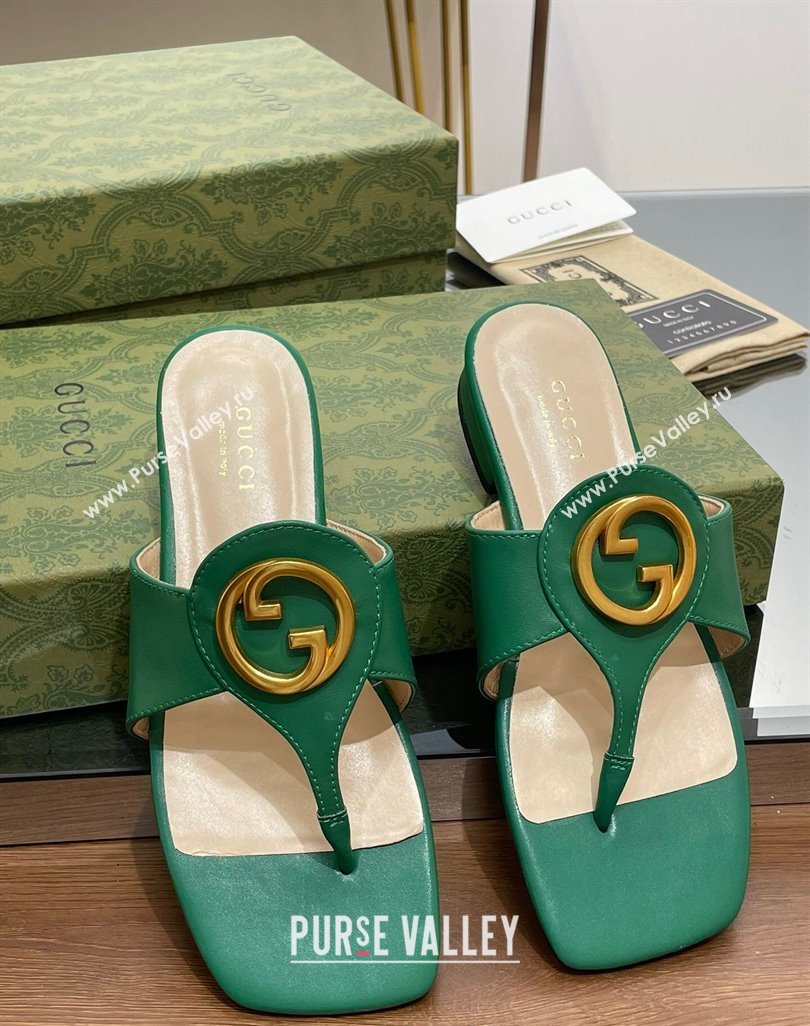 Gucci Blondie Flat Slide Thong Sandals in Leather with Interlocking G Green 2024 (MD-240427036)