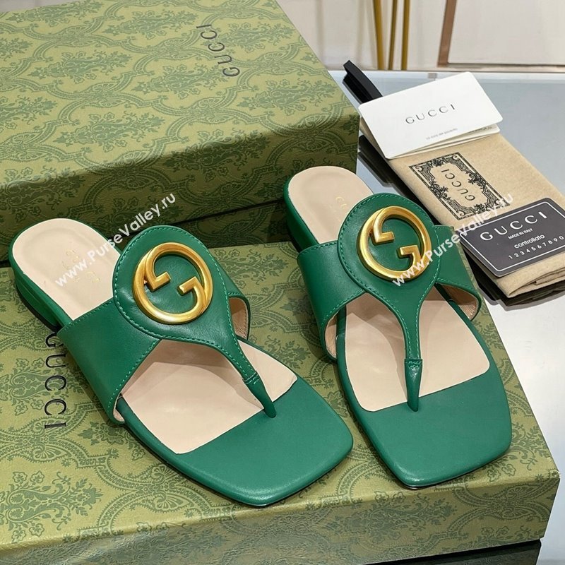 Gucci Blondie Flat Slide Thong Sandals in Leather with Interlocking G Green 2024 (MD-240427036)