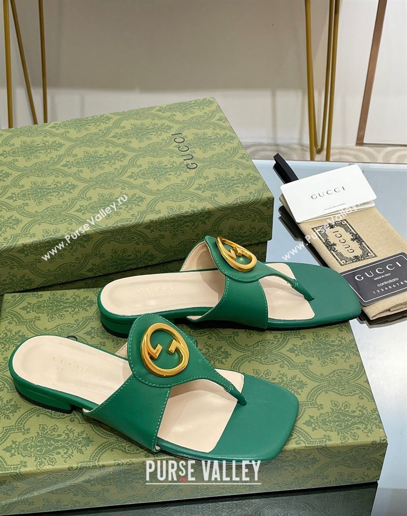 Gucci Blondie Flat Slide Thong Sandals in Leather with Interlocking G Green 2024 (MD-240427036)