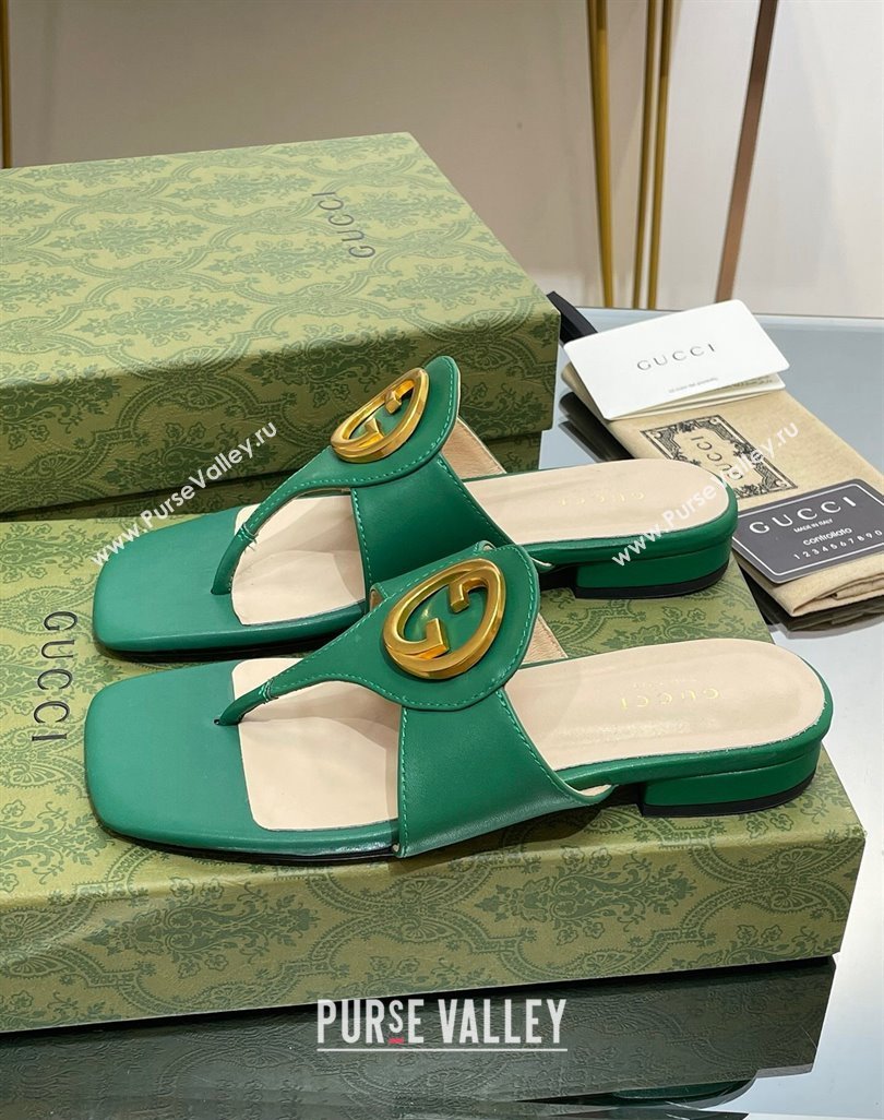 Gucci Blondie Flat Slide Thong Sandals in Leather with Interlocking G Green 2024 (MD-240427036)