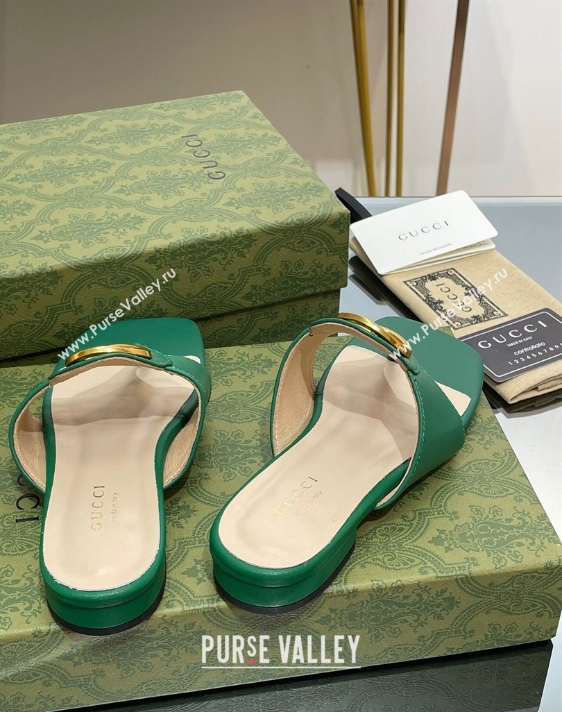 Gucci Blondie Flat Slide Thong Sandals in Leather with Interlocking G Green 2024 (MD-240427036)