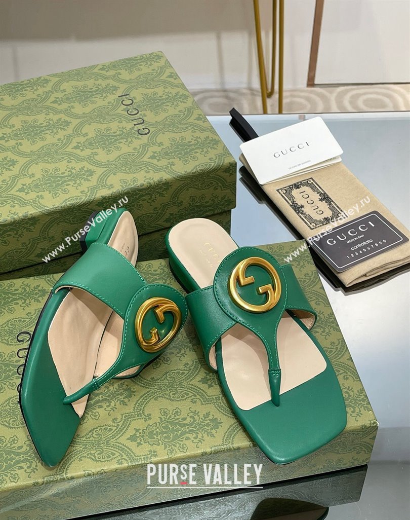 Gucci Blondie Flat Slide Thong Sandals in Leather with Interlocking G Green 2024 (MD-240427036)