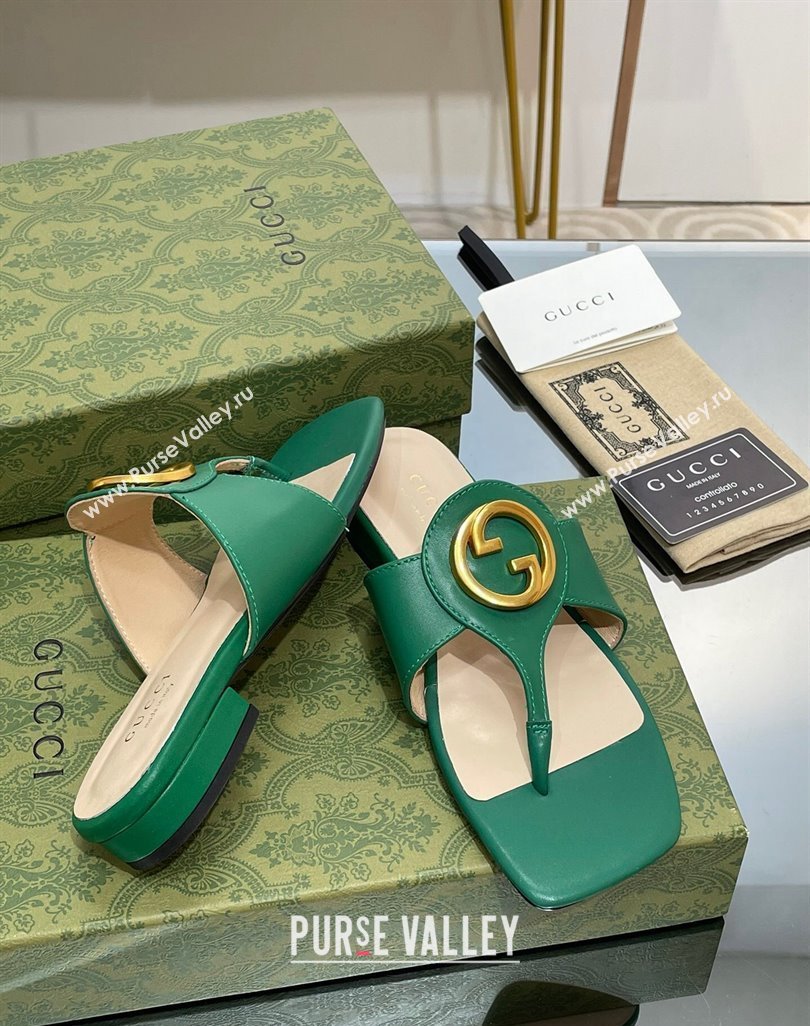 Gucci Blondie Flat Slide Thong Sandals in Leather with Interlocking G Green 2024 (MD-240427036)