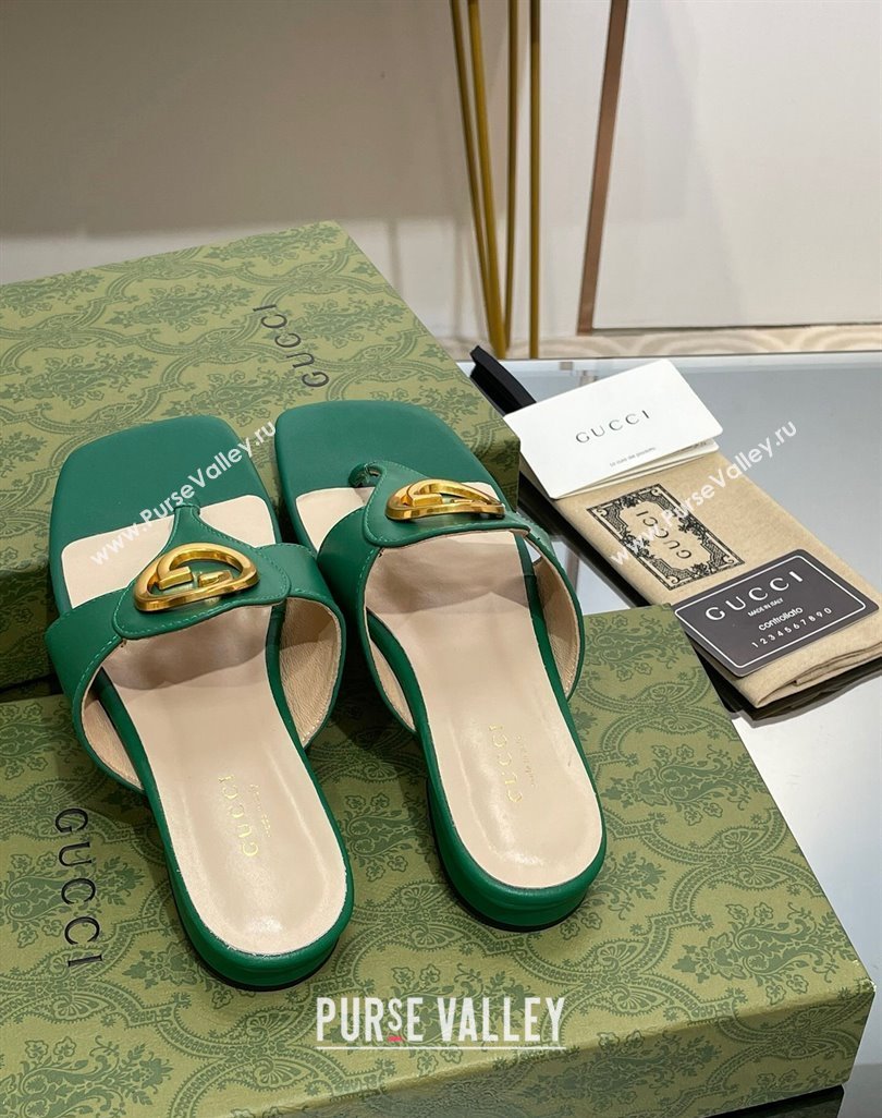 Gucci Blondie Flat Slide Thong Sandals in Leather with Interlocking G Green 2024 (MD-240427036)