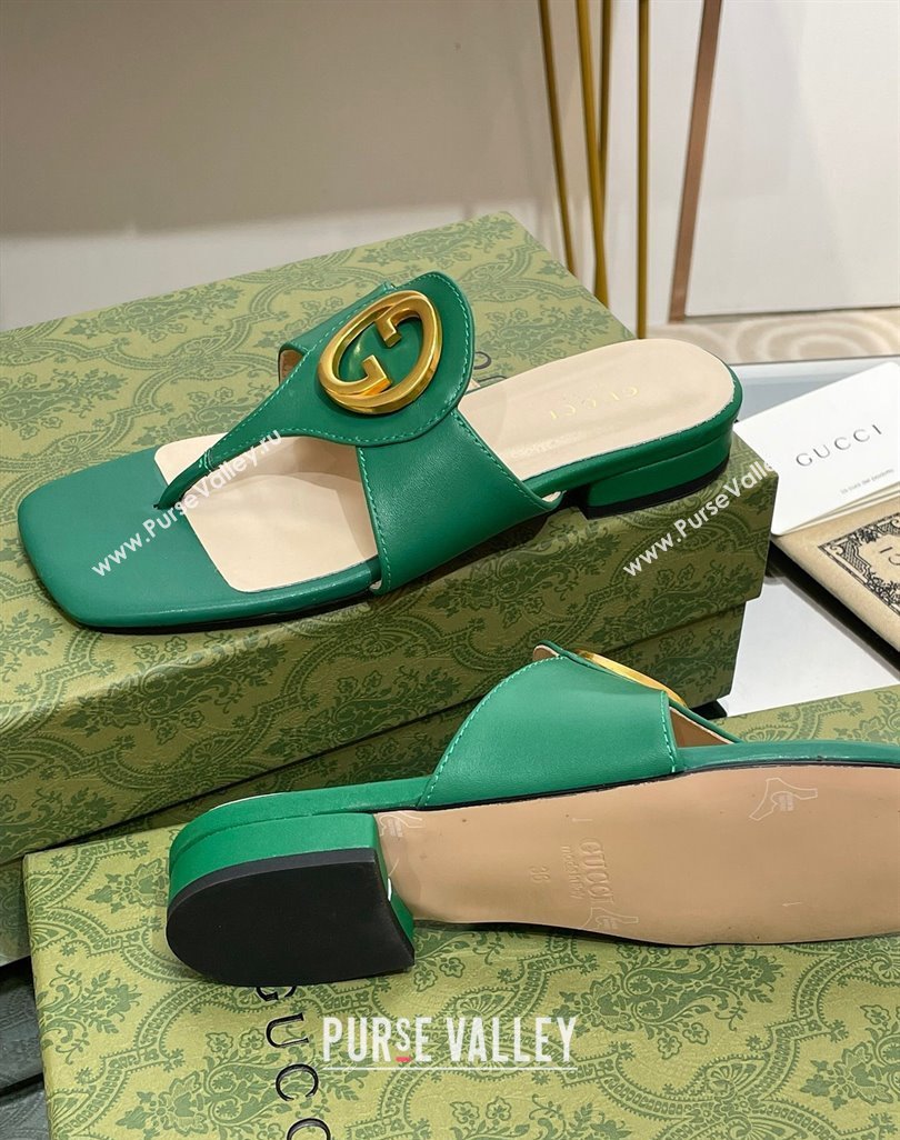 Gucci Blondie Flat Slide Thong Sandals in Leather with Interlocking G Green 2024 (MD-240427036)