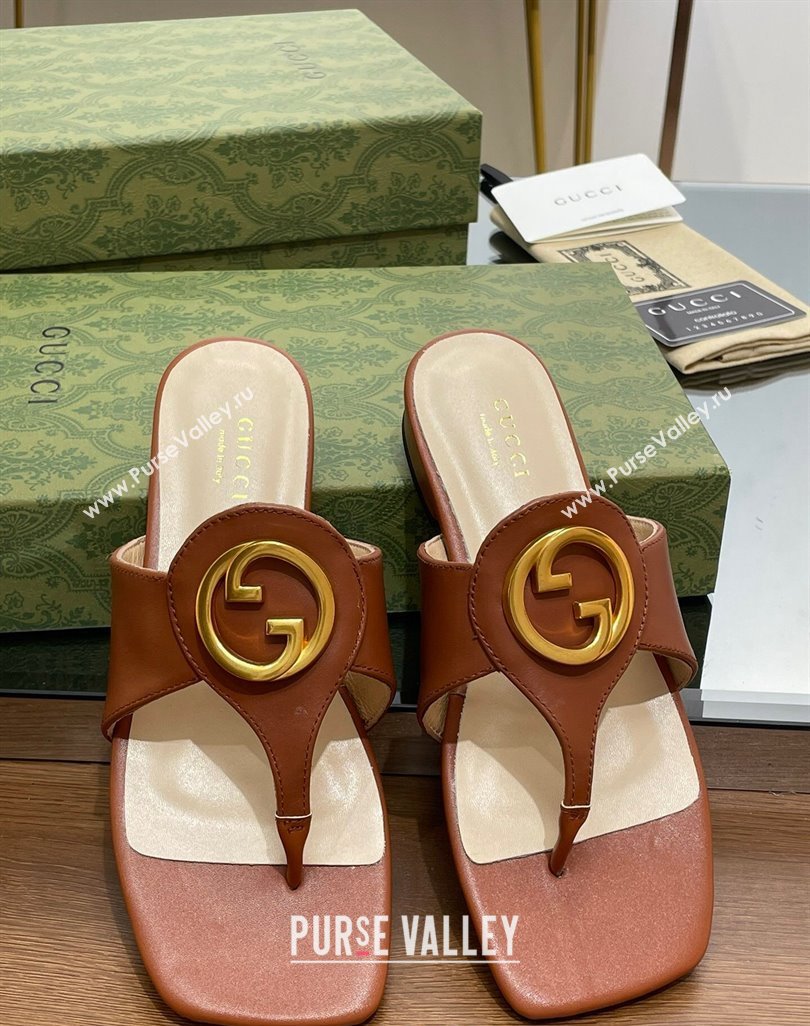 Gucci Blondie Flat Slide Thong Sandals in Leather with Interlocking G Brown 2024 (MD-240427037)