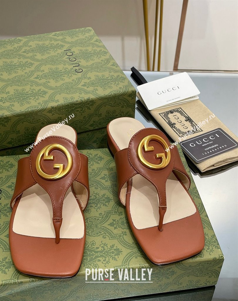 Gucci Blondie Flat Slide Thong Sandals in Leather with Interlocking G Brown 2024 (MD-240427037)