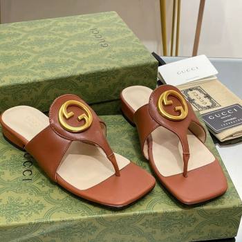 Gucci Blondie Flat Slide Thong Sandals in Leather with Interlocking G Brown 2024 (MD-240427037)