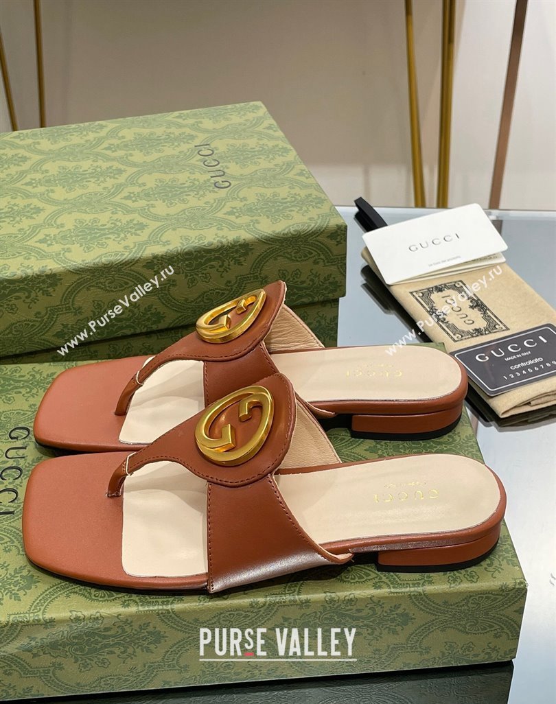 Gucci Blondie Flat Slide Thong Sandals in Leather with Interlocking G Brown 2024 (MD-240427037)