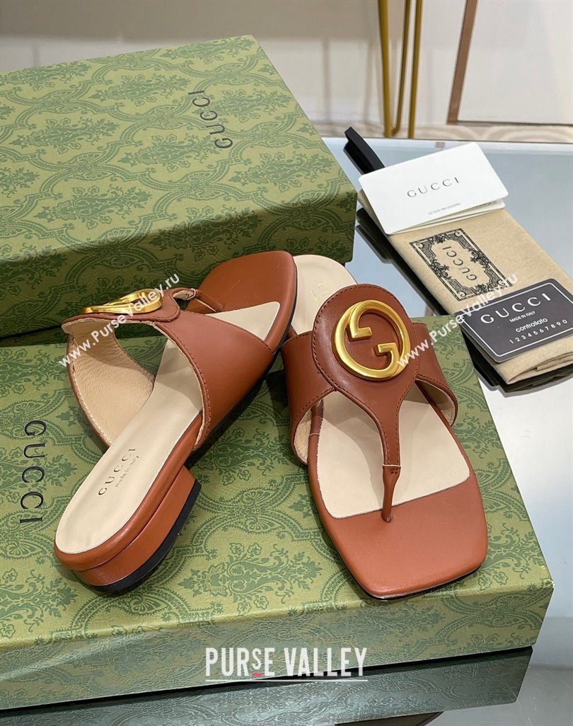 Gucci Blondie Flat Slide Thong Sandals in Leather with Interlocking G Brown 2024 (MD-240427037)