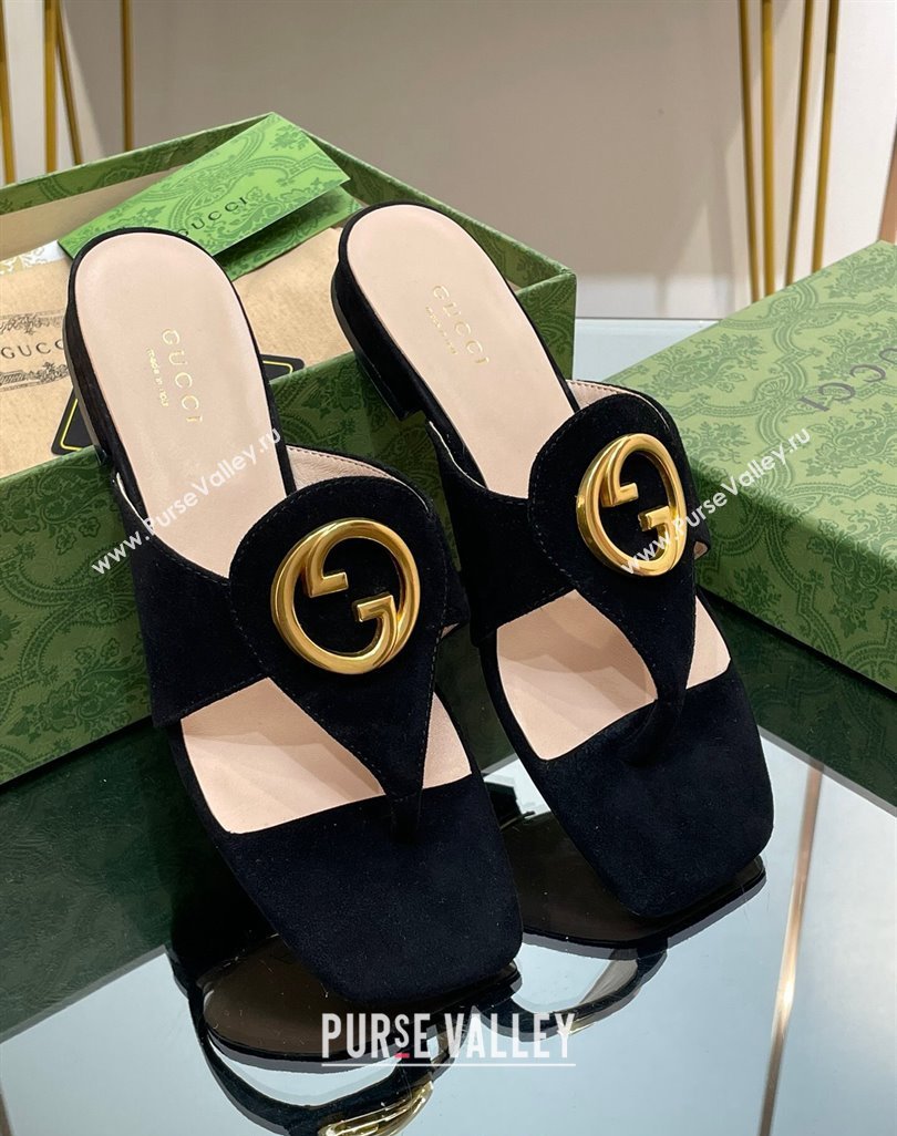 Gucci Blondie Flat Slide Thong Sandals in Suede with Interlocking G Black 2024 (MD-240427039)