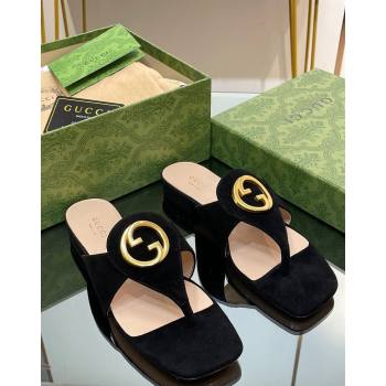 Gucci Blondie Flat Slide Thong Sandals in Suede with Interlocking G Black 2024 (MD-240427039)