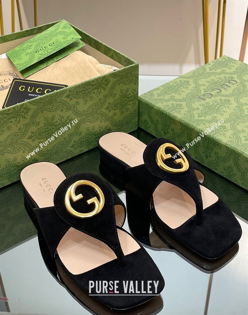 Gucci Blondie Flat Slide Thong Sandals in Suede with Interlocking G Black 2024 (MD-240427039)