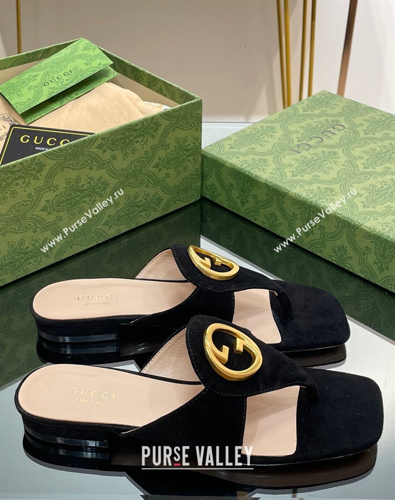 Gucci Blondie Flat Slide Thong Sandals in Suede with Interlocking G Black 2024 (MD-240427039)