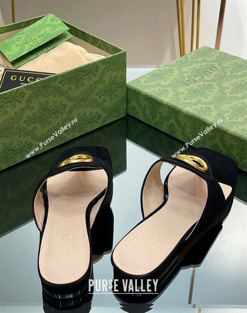 Gucci Blondie Flat Slide Thong Sandals in Suede with Interlocking G Black 2024 (MD-240427039)