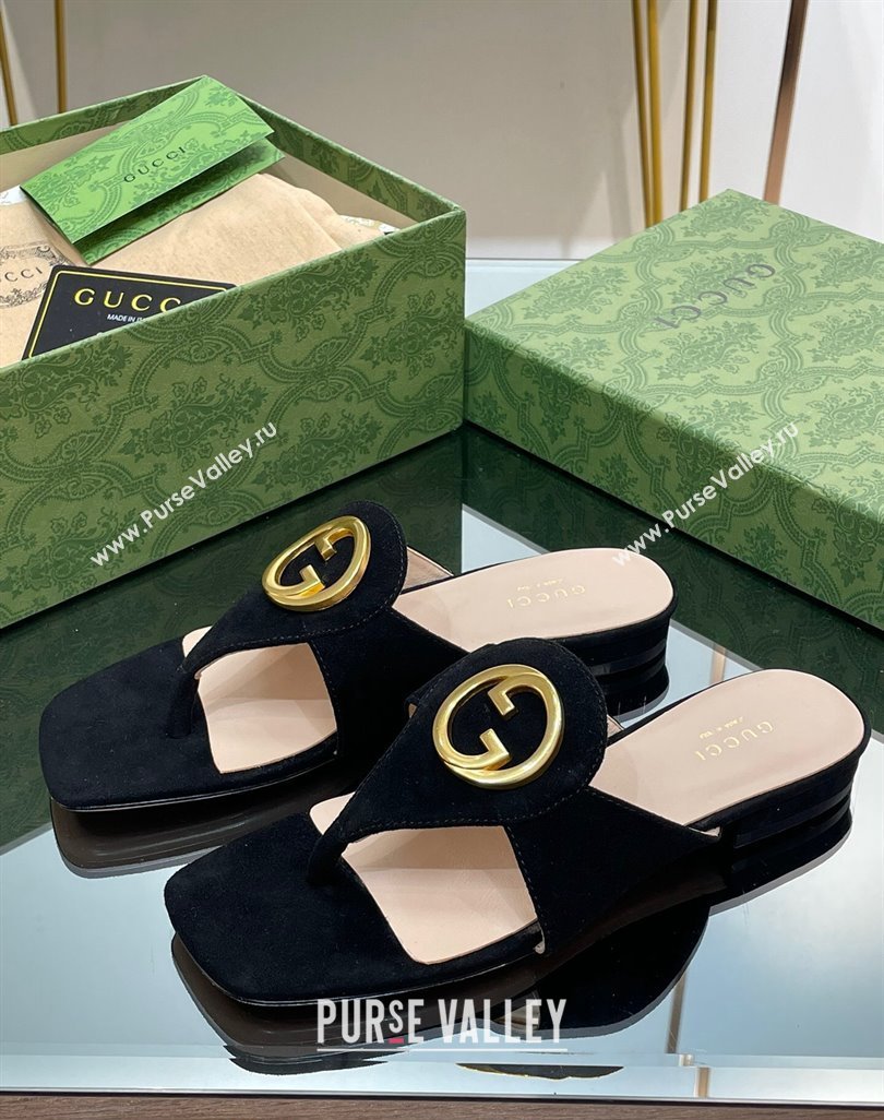 Gucci Blondie Flat Slide Thong Sandals in Suede with Interlocking G Black 2024 (MD-240427039)