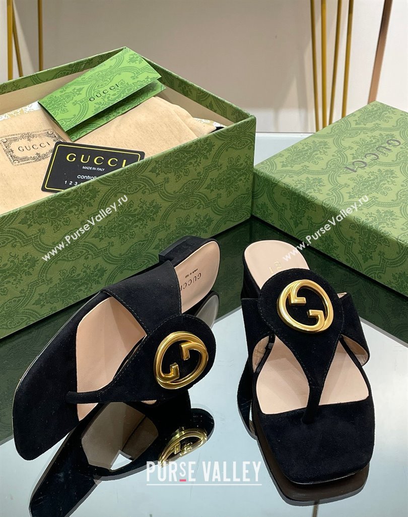 Gucci Blondie Flat Slide Thong Sandals in Suede with Interlocking G Black 2024 (MD-240427039)