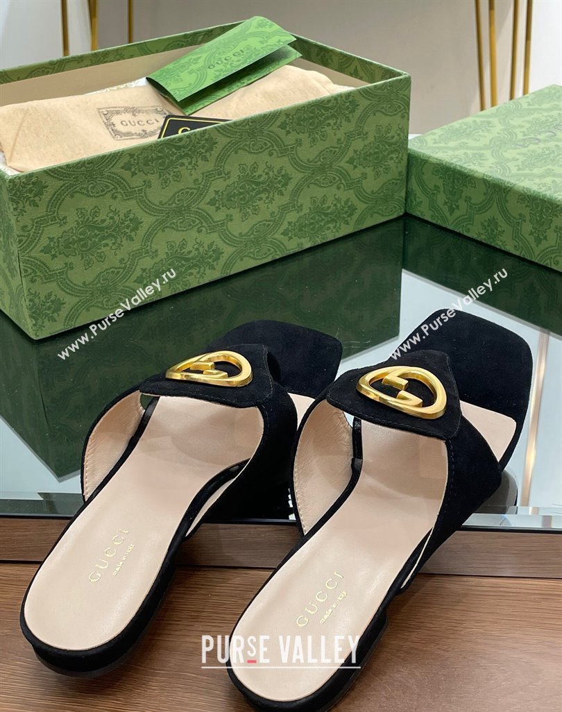 Gucci Blondie Flat Slide Thong Sandals in Suede with Interlocking G Black 2024 (MD-240427039)