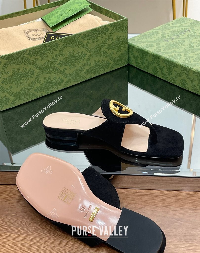 Gucci Blondie Flat Slide Thong Sandals in Suede with Interlocking G Black 2024 (MD-240427039)