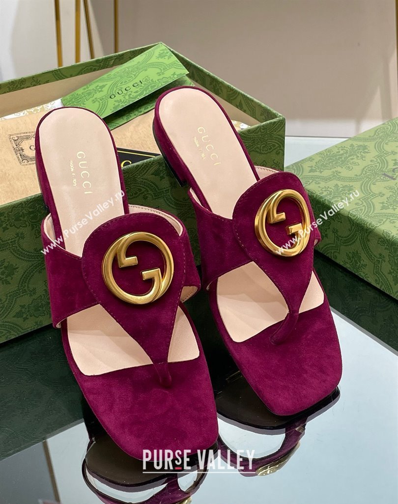 Gucci Blondie Flat Slide Thong Sandals in Suede with Interlocking G Purple 2024 (MD-240427040)