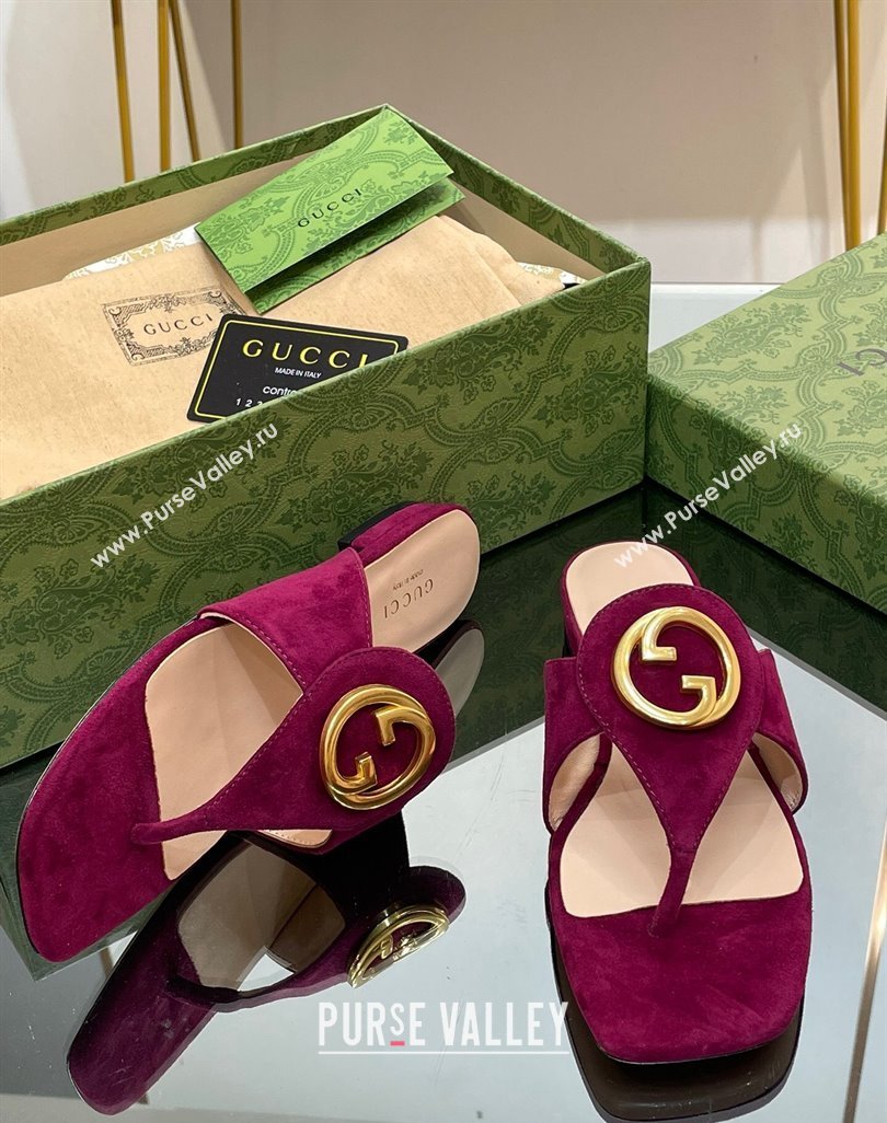 Gucci Blondie Flat Slide Thong Sandals in Suede with Interlocking G Purple 2024 (MD-240427040)