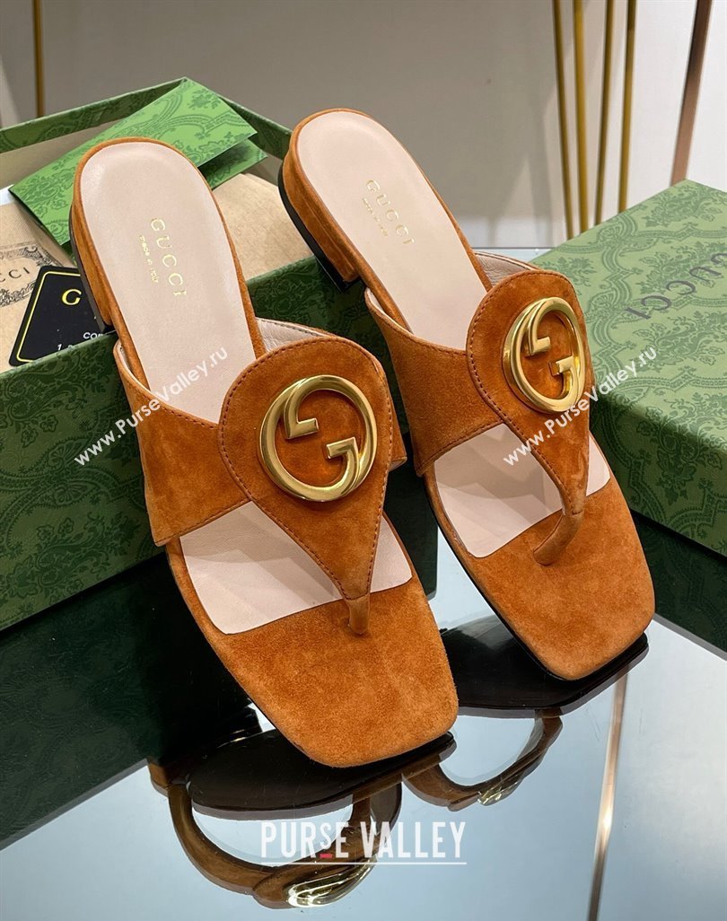 Gucci Blondie Flat Slide Thong Sandals in Suede with Interlocking G Camel Brown 2024 (MD-240427041)